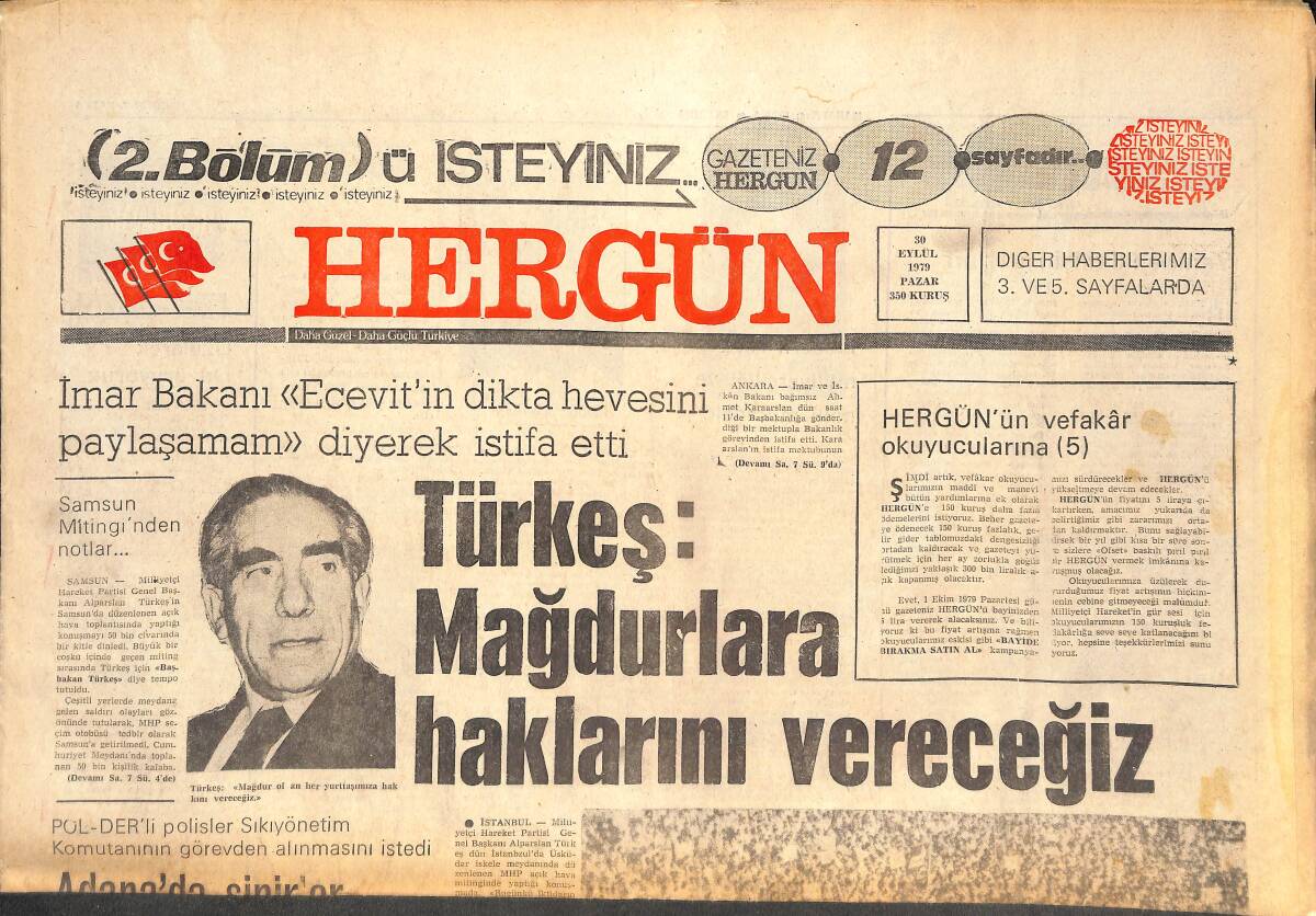 Her Gün Gazetesi 30 Eylül 1979 - Türkeş: Mağdurlara Haklarını Vereceğiz - İvan'ların CHP'Sİ Mehmet'lerin MHP'Sİ! GZ142177 - 1