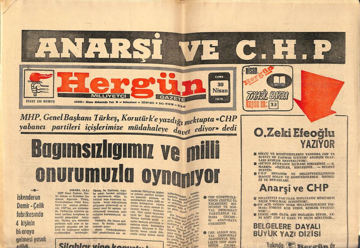 Her Gün Gazetesi 30 Nisan 1976 - Bağımsızlığımız Ve Milli Onurumuzla Oynanıyor - Bahçelievler Lisesinde İstiklal Marşı Okutulmuyor GZ152597 - 1