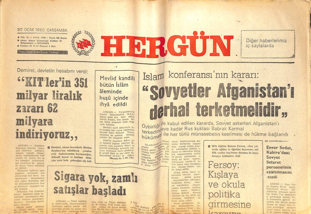 Her Gün Gazetesi 30 Ocak 1980 - İslam Konferansının Kararı: Sovyetler Afganistan'ı Derhal Terk Etmelidir GZ142137 - 1