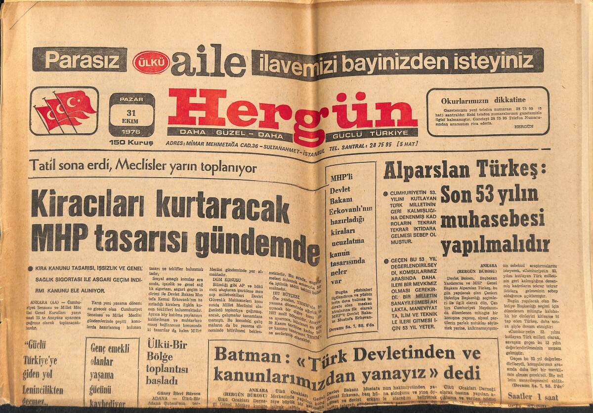 Her Gün Gazetesi 31 Ekim 1976 - Alparslan Türkeş: Son 53 Yılın Muhasebesi Yapılmalıdır - Milli Takımımız Malta Önünde Averaj Arıyor GZ152590 - 1