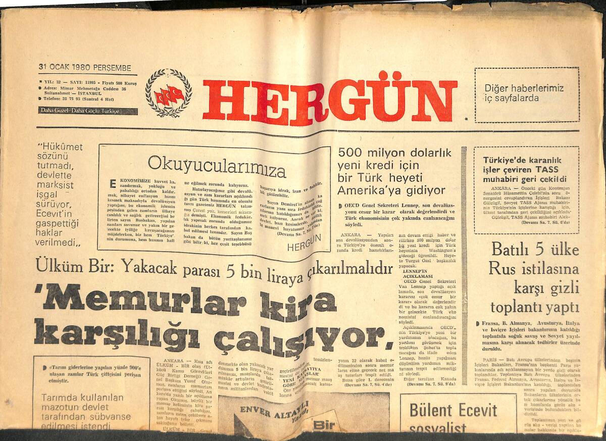 Her Gün Gazetesi 31 Ocak 1980 - Memurlar Kira Karşılığı Çalışıyor - Kızıl Anarşi 5 Can Daha Aldı - İstanbul'da 14 CHP İlçe Gençlik Kolu Feshedildi GZ141961 - 1