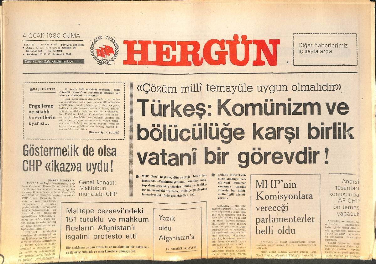 Her Gün Gazetesi 4 Ocak 1980 - Türkeş: Komünizm Ve Bölücülüğe Karşı Birlik Vatani Bir Görevdir! - İşgalci Rusya, Afgan Para Birimini Ruble'ye Çevirdi GZ142105 - 1