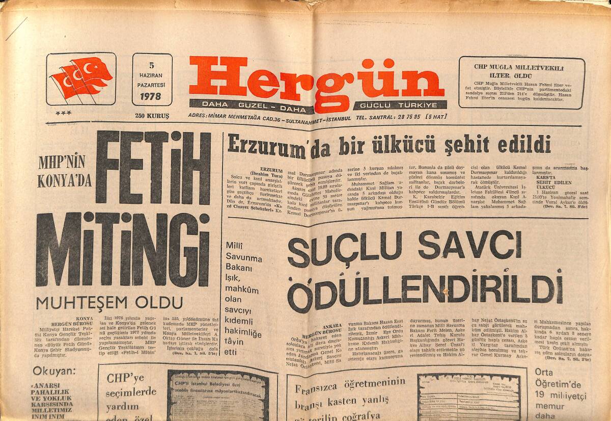 Her Gün Gazetesi 5 Haziran 1978 - MHP'nin Konya'da Fetih Mitingi - Erzurum'da Bir Ülkücü Şehit Edildi GZ152581 - 1