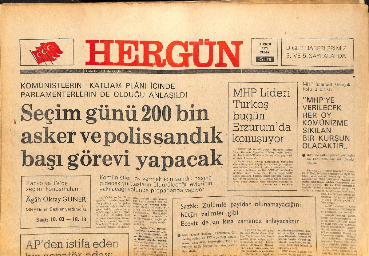 Her Gün Gazetesi 5 Kasım 1979 - Komünistlerin Katliam Planı İçinde Parlamenterlerin De Olduğu Anlaşıldı - TÖB-DER Hakkında Soruşturma Açıldı GZ142067 - 1