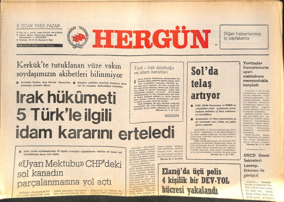 Her Gün Gazetesi 6 Ocak 1980 - Irak Hükümeti 5 Türk'le İlgili İdam Kararını Erteledi - Atgan'lı Müslümanlar Herat Şehrini Ruslardan Kurtardı GZ142103 - 1