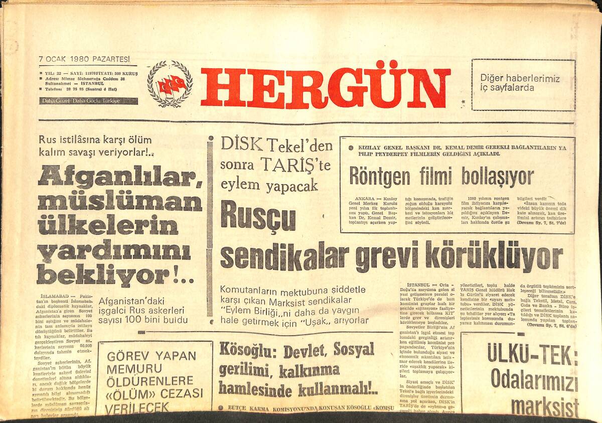 Her Gün Gazetesi 7 Ocak 1980 - Afganlar, Müslüman Ülkelerin Yardımlarını Bekliyor - Rusçu Sendikalar Grevi Körüklüyor GZ142297 - 1