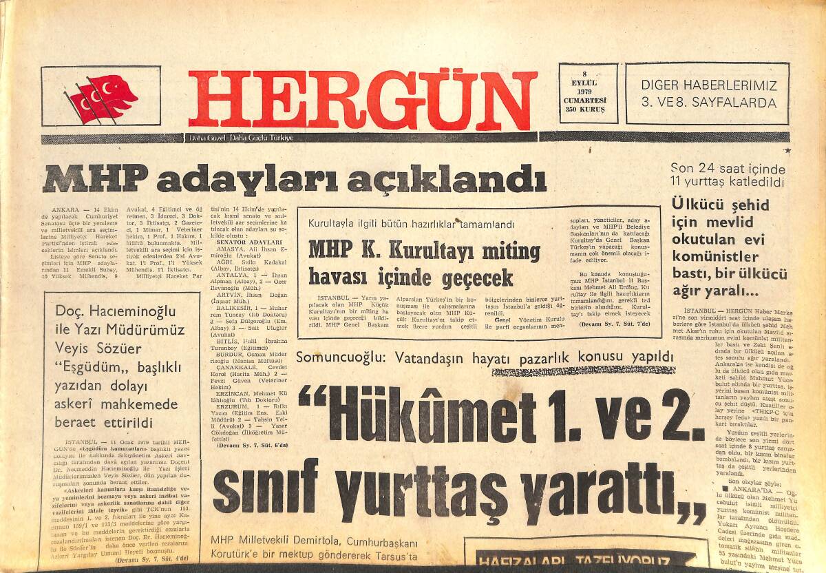 Her Gün Gazetesi 8 Eylül 1979 - Komünistler Namaz Kılan Ülkücü Tutuklulara Saldırdı - Enver Sedat, Hafya'dan Eli Boş Döndü GZ142127 - 1