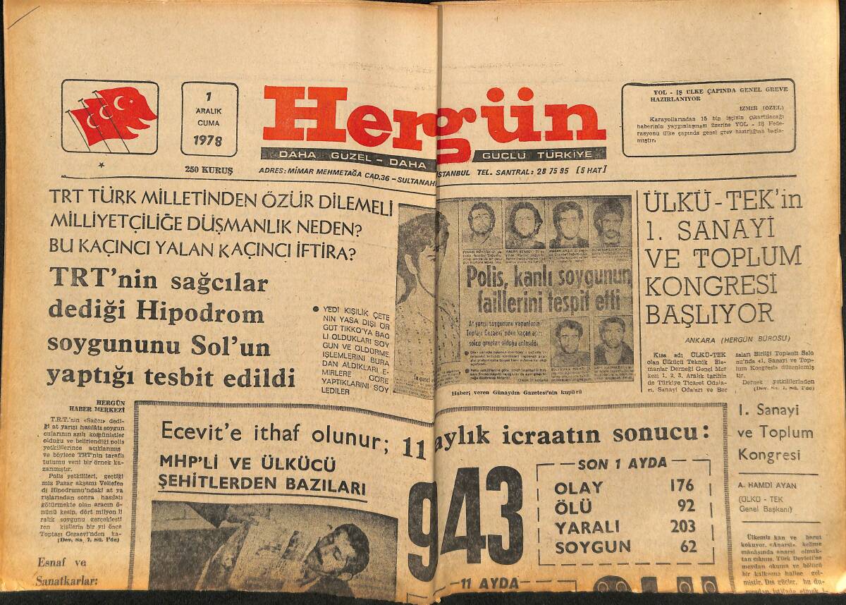 Hergün Gazetesi 1 Aralık 1978 - TRT'nin Sağcılar Dediği Hipodrom Soygununu Sol'un Yaptığı Tesbit Edildi GZ151863 - 1