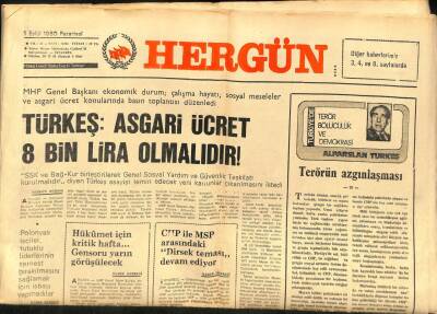 Hergün Gazetesi 1 Eylül 1980 - Türkeş Asgari Ücret 8 Bin Lira Olmalıdır GZ104000 - 1