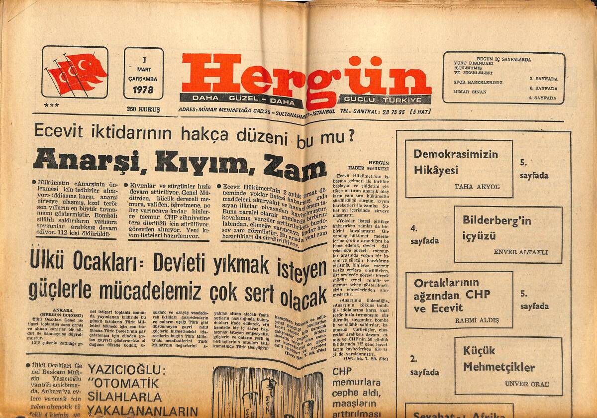 Hergün Gazetesi 1 Mart 1978 - Ülkü Ocakları : Devleti Yıkmak İsteyen Güçlerle Mücadelemiz Çok Sert Olacak GZ151882 - 1