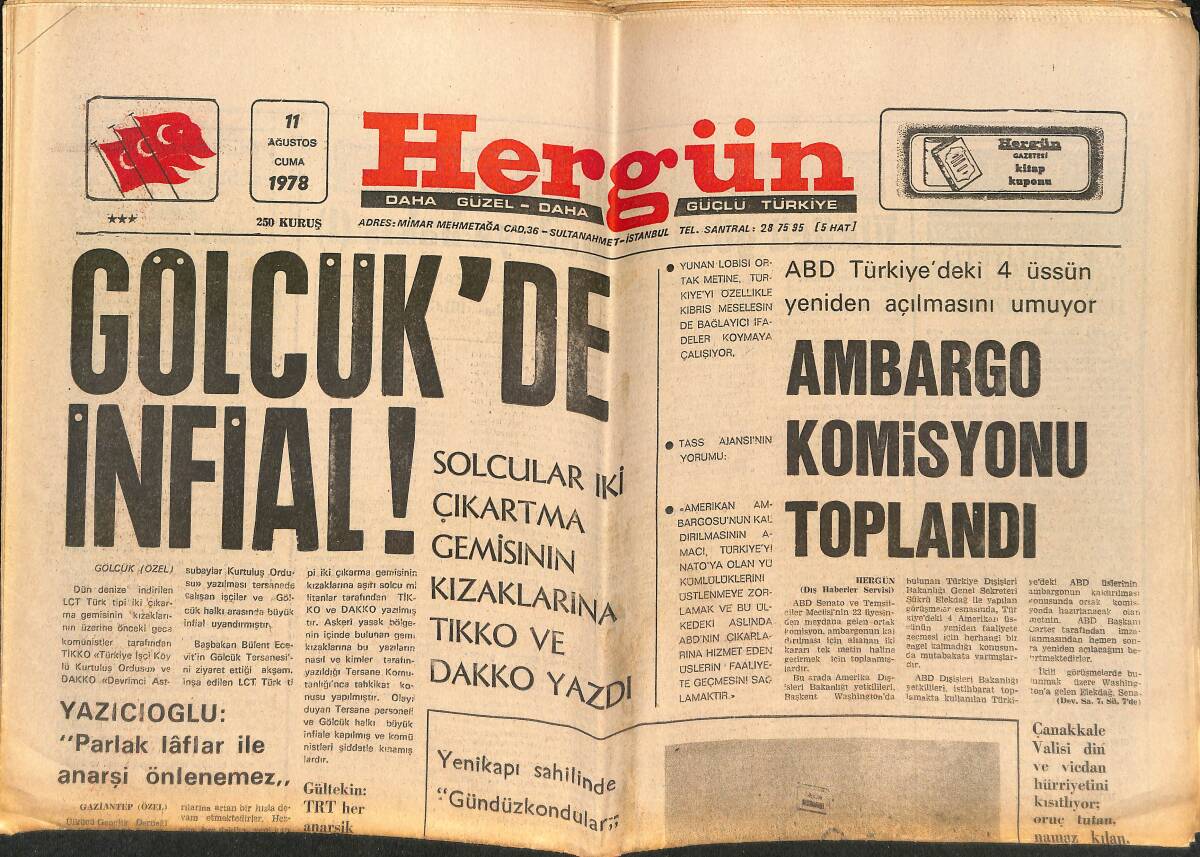 Hergün Gazetesi 11 Ağustos 1978 - Gölcük'te İnfial - Anarşinin Kaynağı Ve İktidarın Gafleti GZ151697 - 1