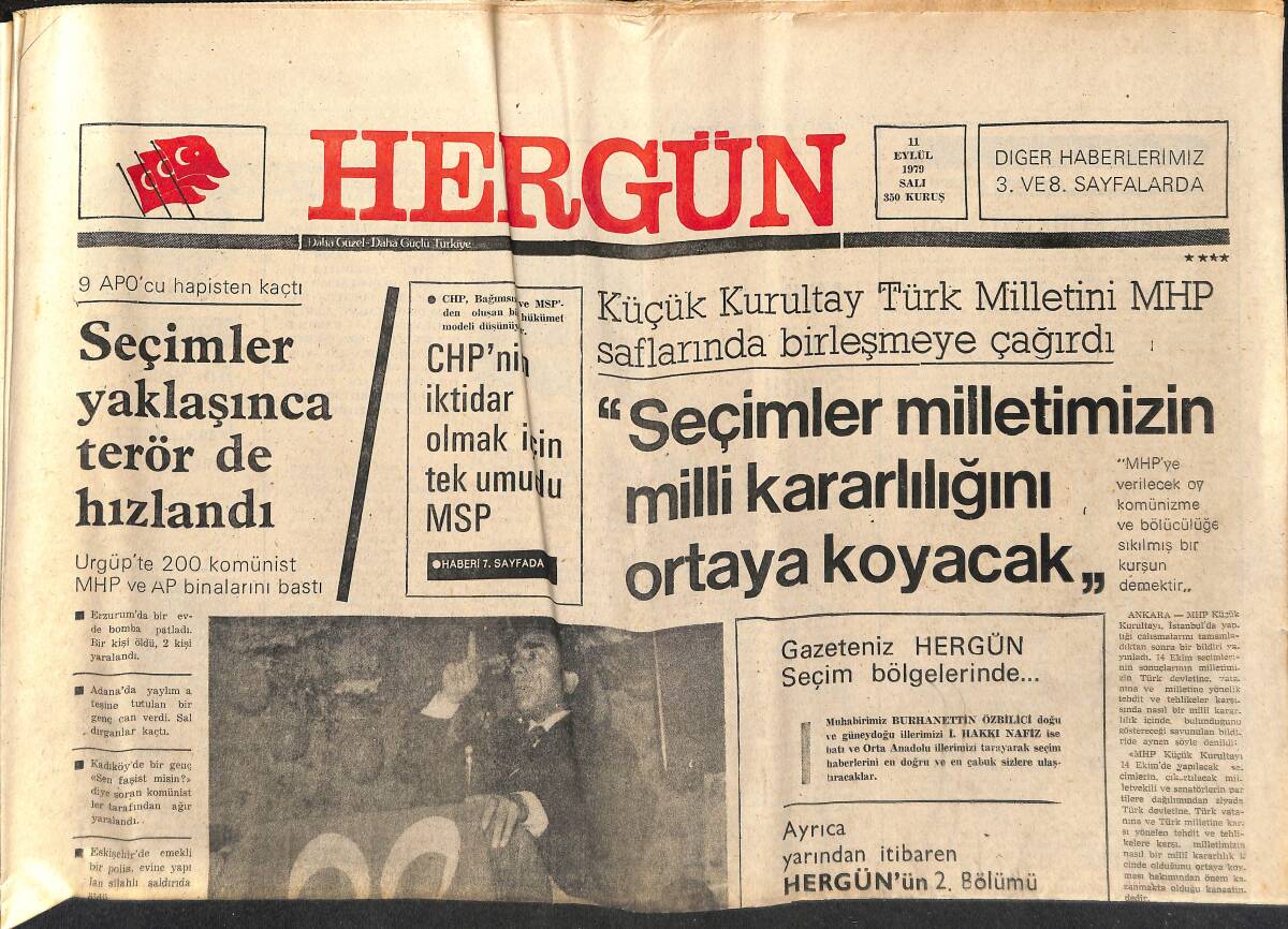 Hergün Gazetesi 11 Eylül 1979 - Demirel Seçim Gezisine Konya'dan Başlayacak - Seçimler Yaklaşınca Terör de Hızlandı GZ151817 - 1