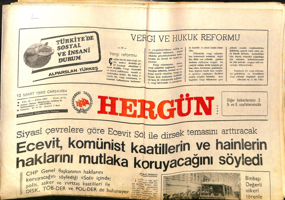 Hergün Gazetesi 12 Mart 1980 - Ecevit, Komünist Katillerin Ve Hainlerin Haklarını Mutlaka Koruyacağını Söyledi - Mehmet Akif'in Ruh Yapısı GZ151772 - 1