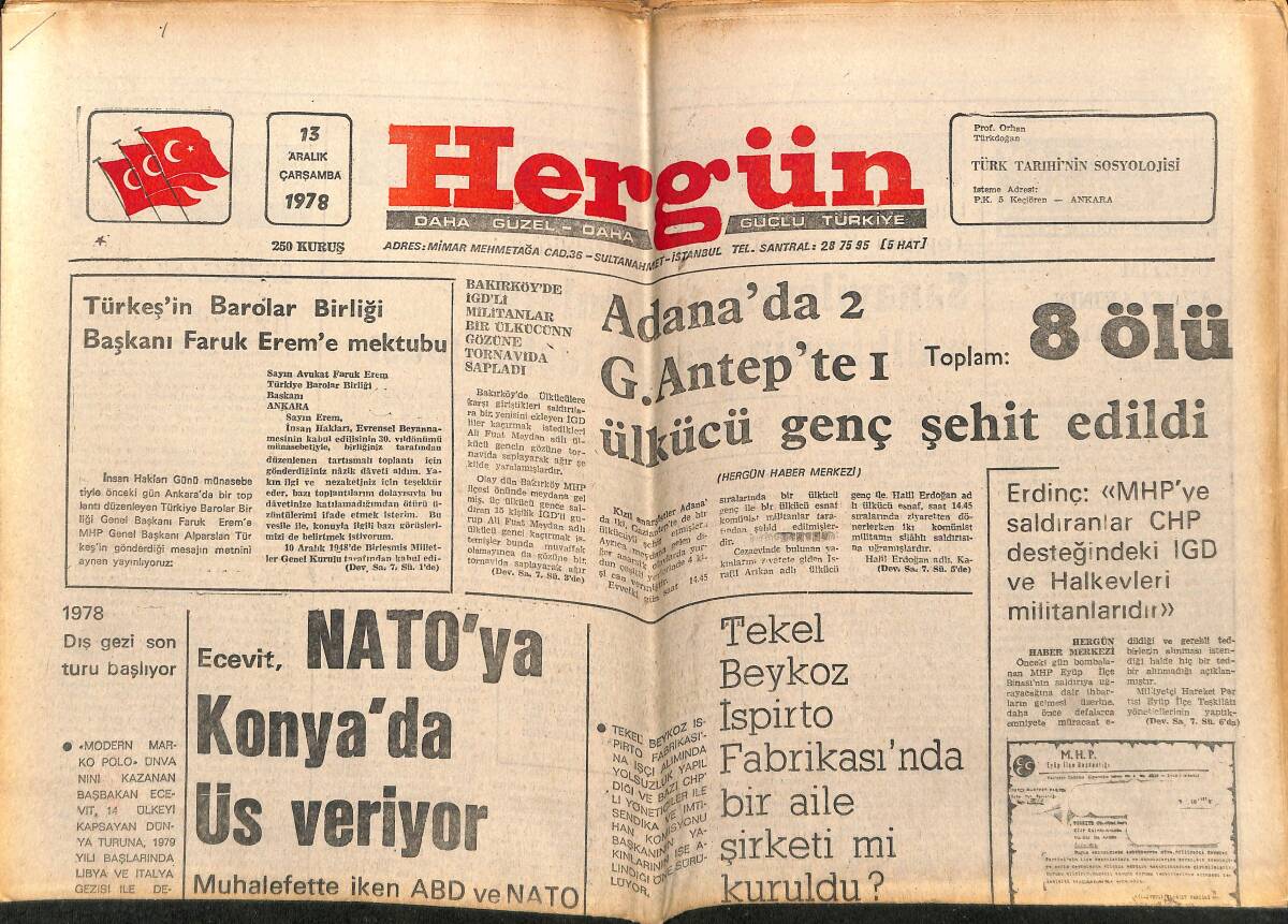 Hergün Gazetesi 13 Aralık 1978 - Ecevit, NATO'ya Konya'da Üs Veriyor - Ülkücü Gençlik Güçlendirme Kampanyası GZ152040 - 1
