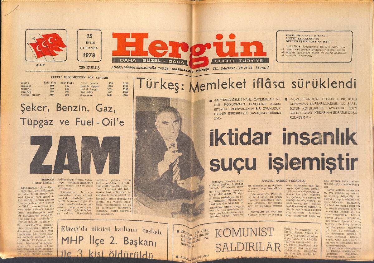 Hergün Gazetesi 13 Eylül 1978 - Türkeş: Memleket İflasa Sürüklendi - Ecevit Erbakan'ı Ziyaret Etti GZ151688 - 1