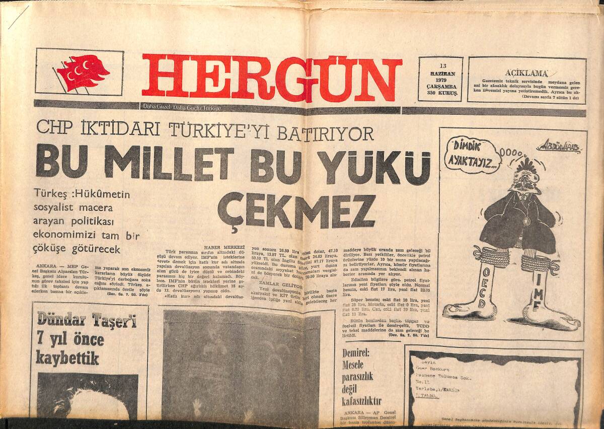 Hergün Gazetesi 13 Haziran 1979 - Türkeş , Kubilay İmer'in Ailesine Başsağlığı Diledi - Dündar Taşer'i 7 Yıl Önce Kaybettik GZ151838 - 1