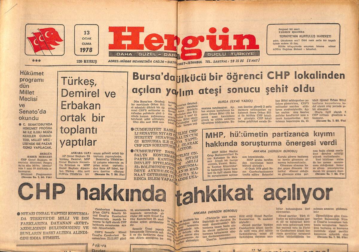 Hergün Gazetesi 13 Ocak 1978 - CHP Hakkında Tahkikat Açılıyor - Türkeş , Demirel Ve Erbakan Ortak Bir Toplantı Yaptılar GZ151828 - 1