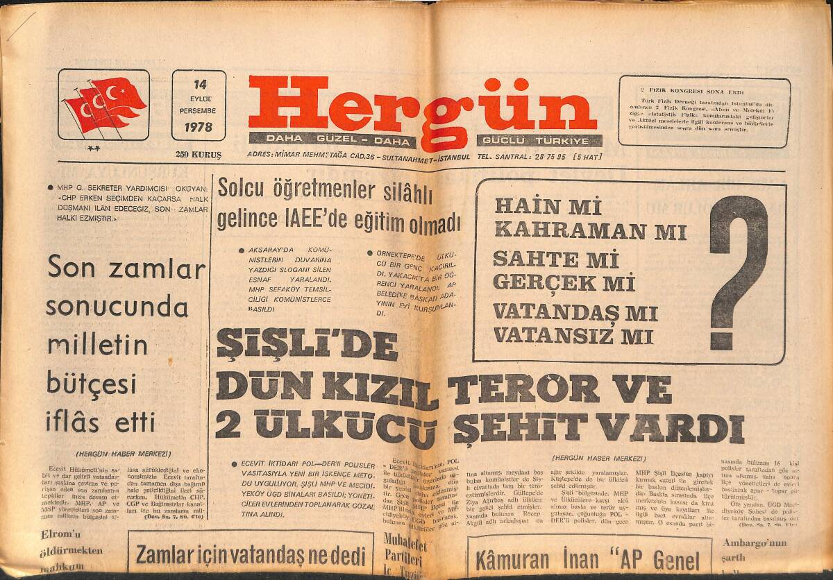 Hergün Gazetesi 14 Eylül 1978 - Şişli'de Kızıl Terör Ve 2 Ülkücü Şehit Verdi - Ecevit Devrimcilerinin Önünde İki Engel Kaldı GZ151734 - 1