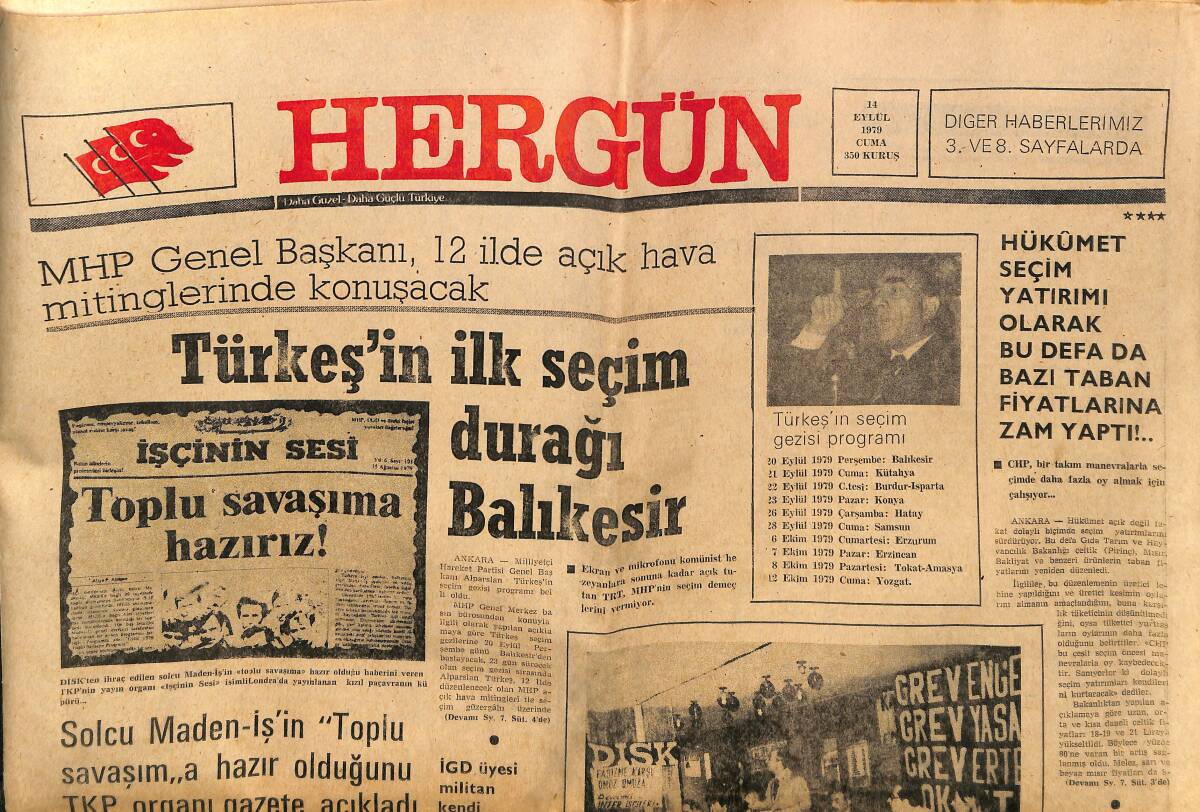 Hergün Gazetesi 14 Eylül 1979 - Türkeş'in İlk Seçim Durağı Balıkesir - Tokat'ta 26 Muhtar MHP'ye Geçti GZ149174 - 1