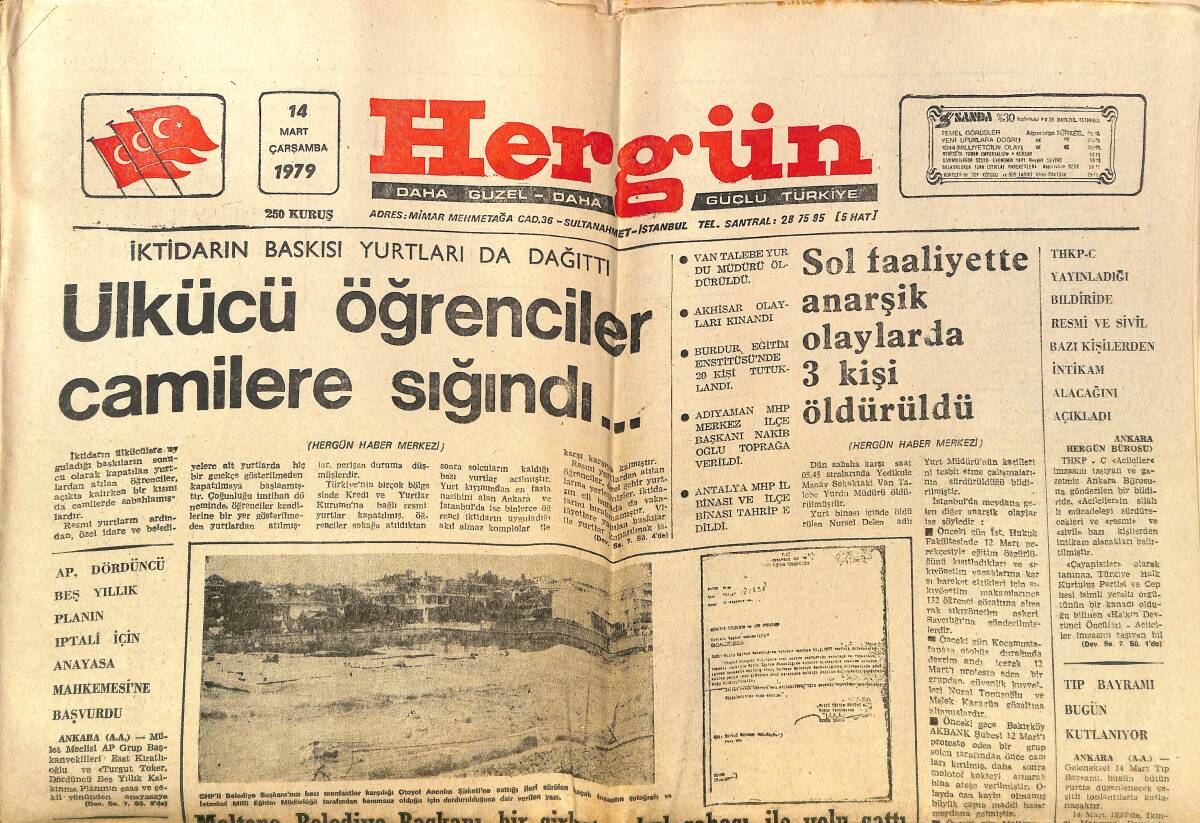 Hergün Gazetesi 14 Mart 1979 - Ülkücü Öğrenciler Camilere Sığındı - İran'da Kadınların Çarşafa Tepkileri Devam Ediyor GZ151717 - 1