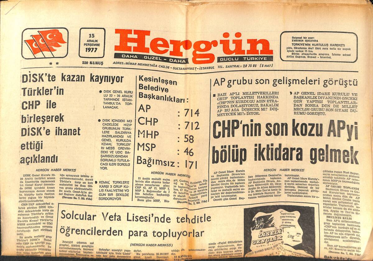 Hergün Gazetesi 15 Aralık 1977 - CHP'nin Son Kozu AP'yi Bölüp İktidara Gelmek - ABD'den 94 Milyon Dolar Kredi Alıyoruz GZ151735 - 1