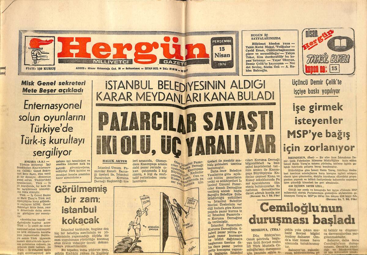 Hergün Gazetesi 15 Nisan 1976 - Cemiloğlu'nun Duruşması Başladı - Demirel, Üniversitelerde Sükunet Çaresi Arıyor GZ151710 - 1