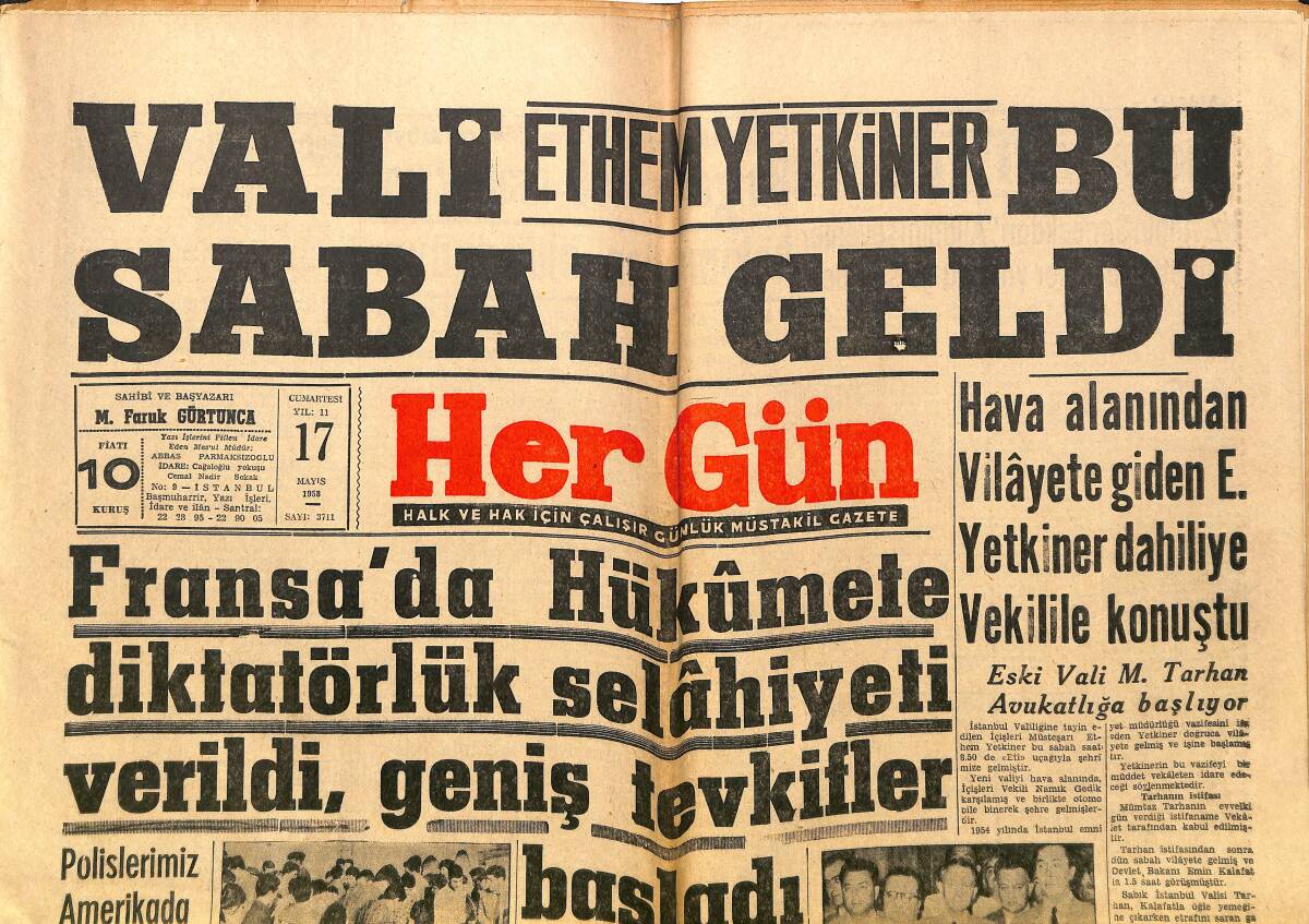Hergün Gazetesi 17 Mayıs 1958 - Fransa'da Hükümete Diktatörlük Selahiyeti Verildi, Geniş Tevkifler Başladı GZ151758 - 1