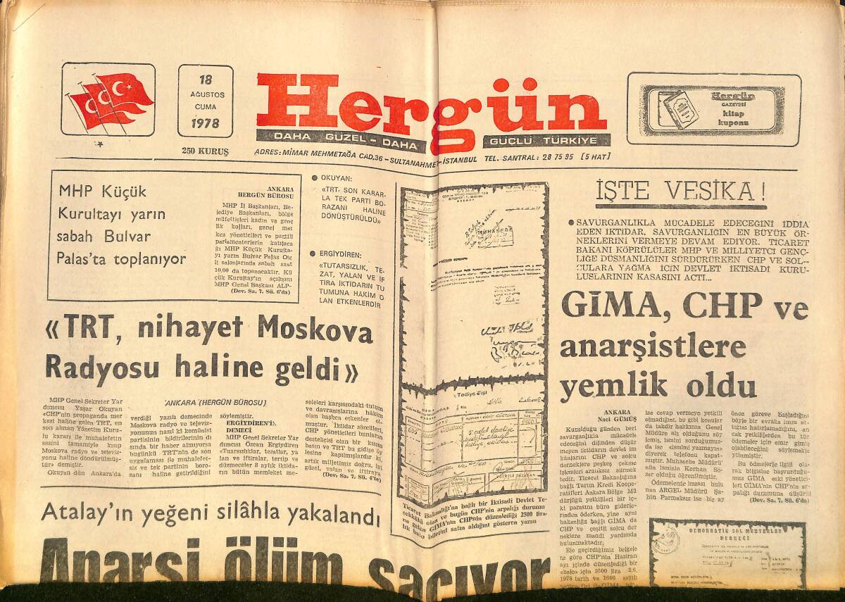 Hergün Gazetesi 18 Ağustos 1978 - TRT, Nihayet Moskova Radyosu Haline Geldi - Yunus Emre Düşmanları, Marksistler Dini Kitabeleri Kazıyor GZ151721 - 1