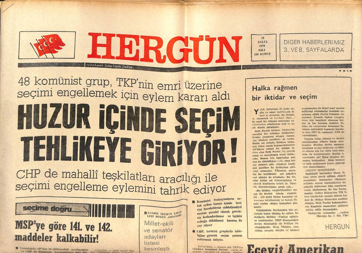 Hergün Gazetesi 18 Eylül 1979 - Ecevit Amerikan Üslerini 10 Ekim'de Açacak - Fenerbahçe Ve Trabzonspor'u Uğurladık GZ151703 - 1