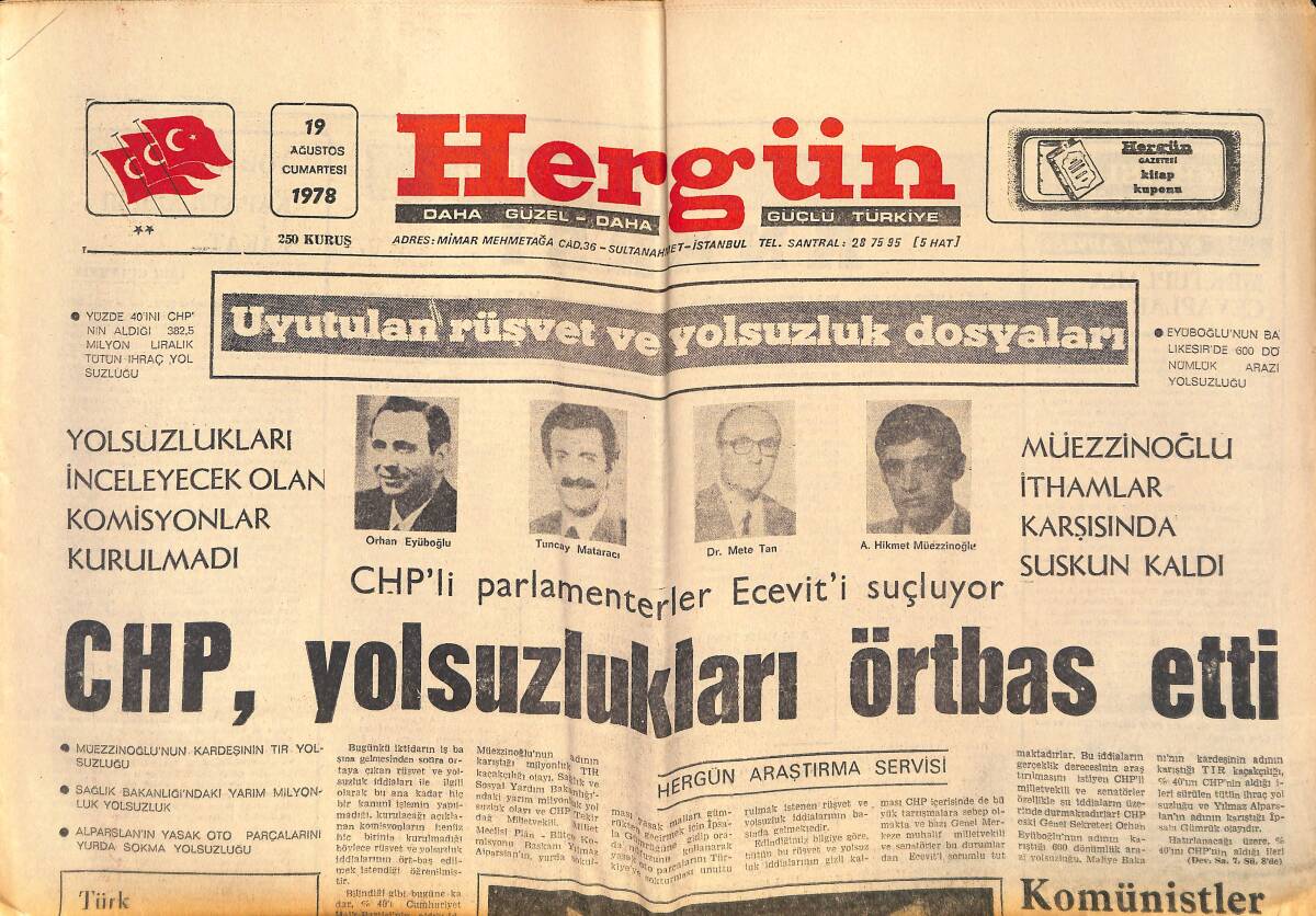 Hergün Gazetesi 19 Ağustos 1978 - CHP, Yolsuzlukları Örtbas Ettiler - Dev-Genç Türkiye'de Vietnamlar İstiyor GZ151722 - 1