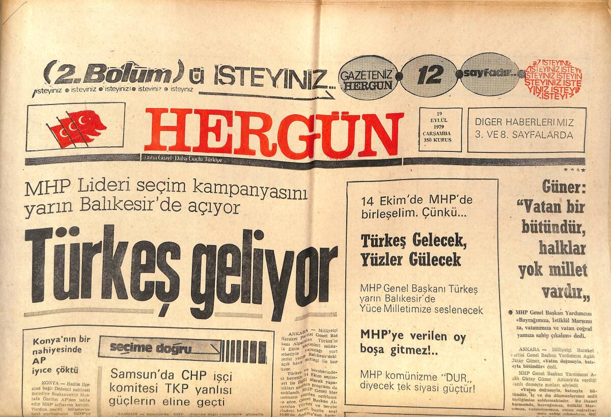 Hergün Gazetesi 19 Eylül 1979 - Türkeş Geliyor - Taraki'nin Öldürüldüğü Doğrulandı - Arsenal-Fenerbahçe - Galatasaray-Kızılyıldız GZ151725 - 1