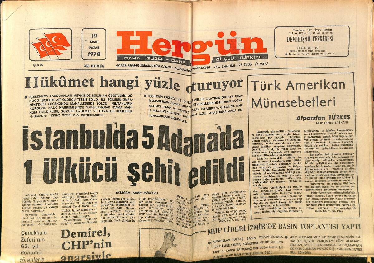 Hergün Gazetesi 19 Mart 1978 - Büyük Randevu Galatasaray-Fenerbahçe - MHP Lideri İzmir'de Basın Toplantısı Yaptı GZ151749 - 1
