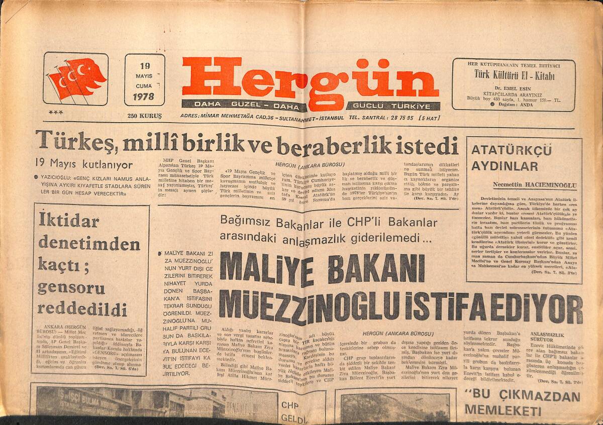 Hergün Gazetesi 19 Mayıs 1978 - Maliye Bakanı Müezzinoğlu İstifa Ediyor - POL-DER'li Olmayan 3000 Polis Ve Emniyet Müdürü Sürülecek GZ151841 - 2