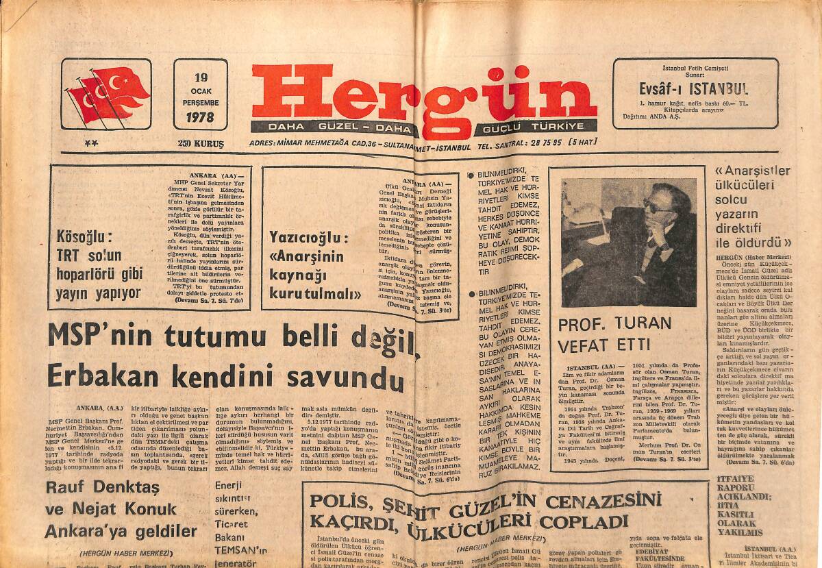 Hergün Gazetesi 19 Ocak 1978 - Prof. Turan Vefat Etti - Fiskobirlik'te Menfaat Kavgası GZ151820 - 1