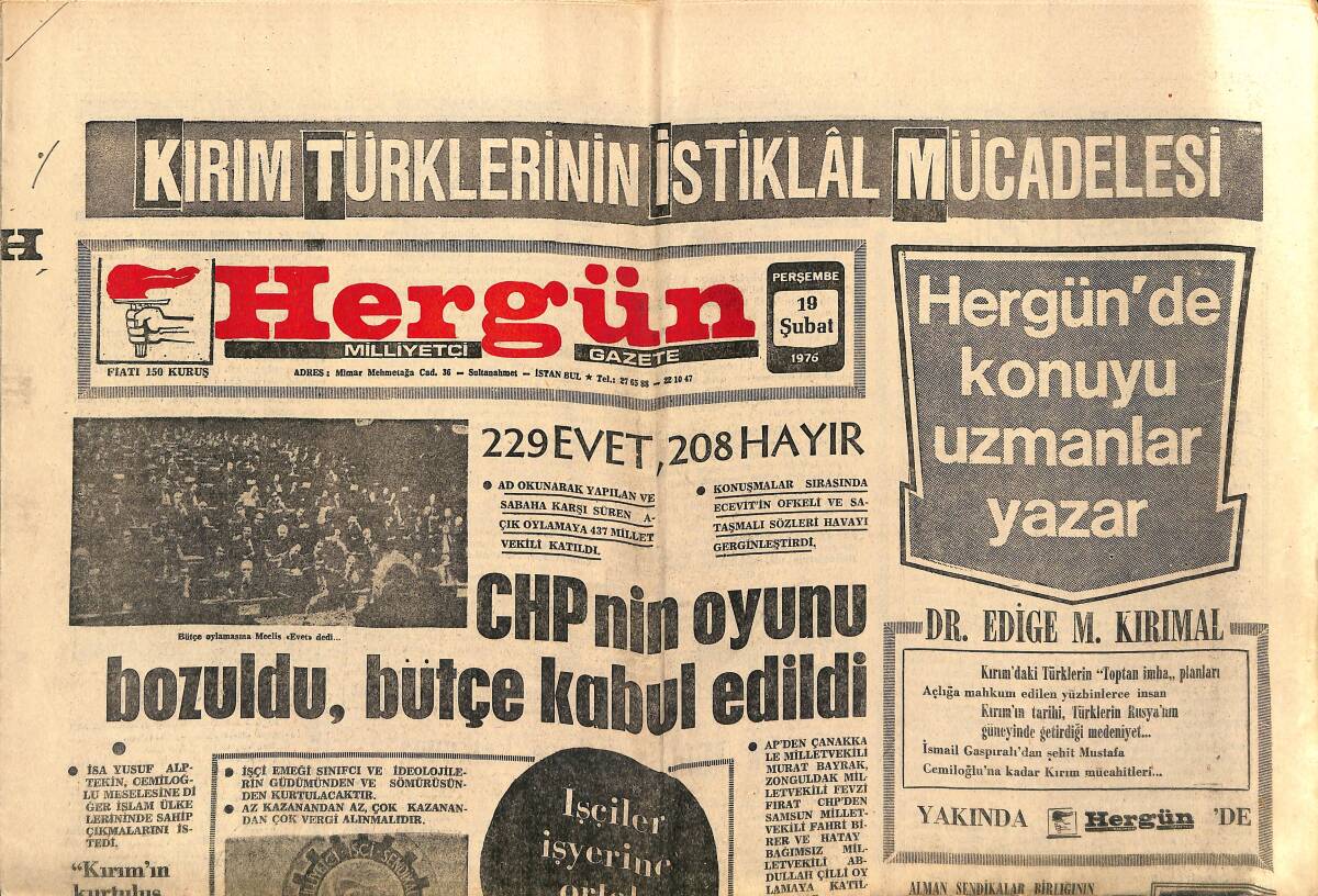 Hergün Gazetesi 19 Şubat 1976 - Türkiye'nin Ümmügülsüm'ü Perihan Altındağ Sözeri - Kırım Türklerinin İstiklal Mücadelesi GZ151744 - 1