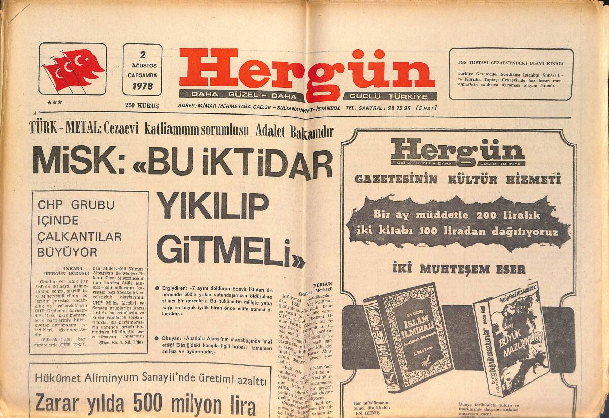 Hergün Gazetesi 2 Ağustos 1978 - ABD'nin Türkiye'ye Askeri Yardımı 175 Milyon Dolar Olacak - Esir Türkler Afiş Sergisi GZ151686 - 1