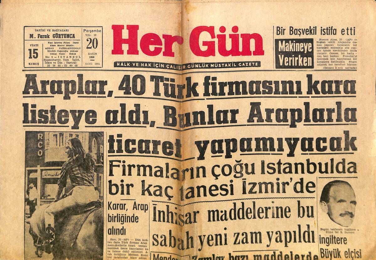 Hergün Gazetesi 20 Kasım 1958 - Araplar 40 Türk Firmasını Kara Listeye Aldı - Denizcilik Bankasının Yeni Gemisi Zonguldak, İyi Hizmet Görüyor GZ151756 - 1