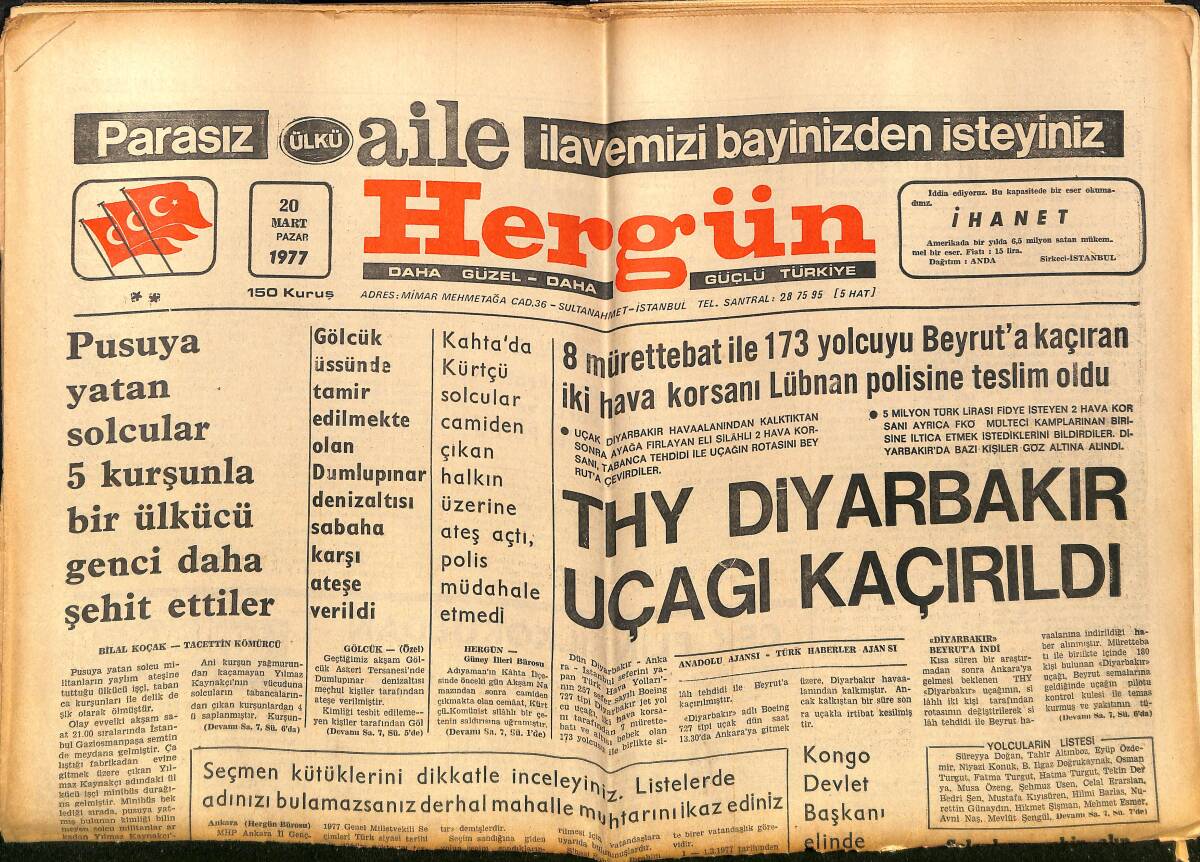 Hergün Gazetesi 20 Mart 1977 - THY Diyarbakır Uçağı Kaçırıldı - Fenerbahçe Mağrur, Galatasaray Mahzun GZ151761 - 1