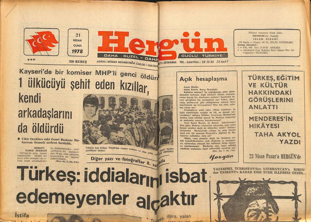 Hergün Gazetesi 21 Nisan 1978 - Türkeş : İddialarını İsbat Edemeyenler Alçaktır - Cem İpekçi İstifa Etti GZ151861 - 1
