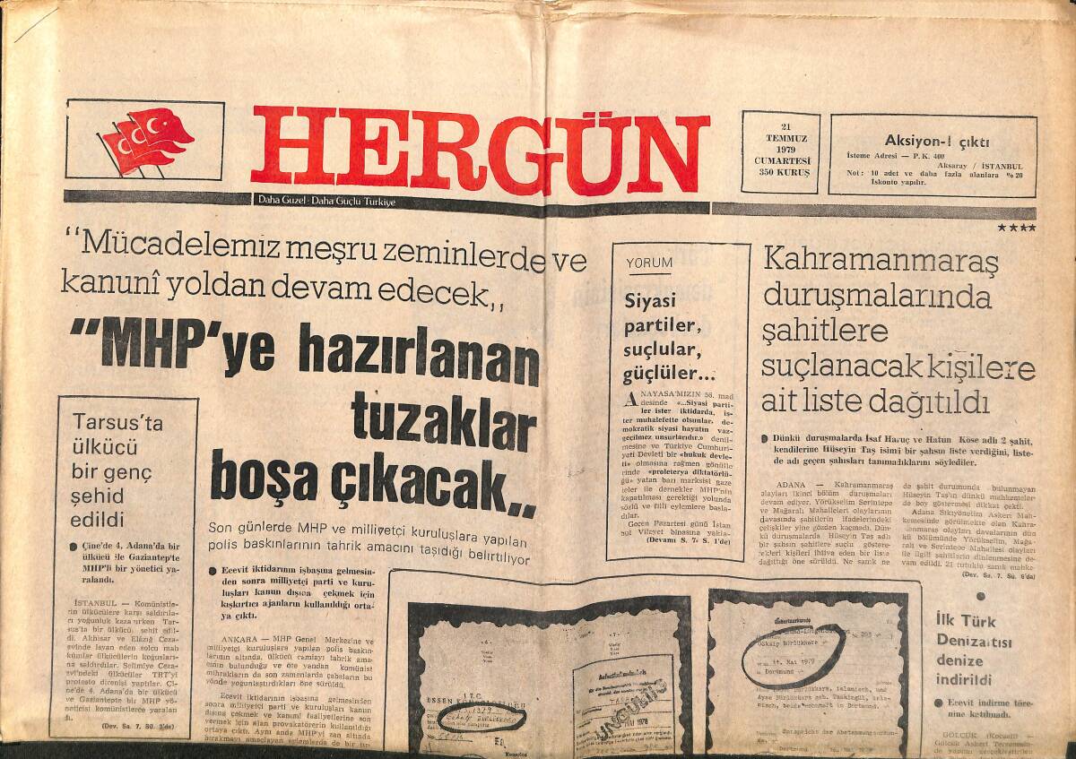 Hergün Gazetesi 21 Temmuz 1979 - Nüfus Müdürlüklerinde İsimler Değiştirilerek Öldürülen Komünistlerin Adları Yazılıyor GZ151848 - 1