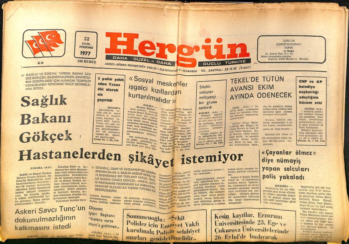 Hergün Gazetesi 22 Eylül 1977 - Sağlık Bakanı Gökçek Hastanelerden Şikayet İstemiyor - Türk Parası Yeniden Ayarlandı GZ151765 - 1
