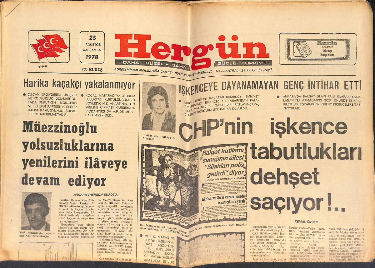 Hergün Gazetesi 23 Ağustos 1978 - CHP'nin İşkence Tabutlukları Dehşet Saçıyor - Türkiye'de Sendikacılık Çıkmazı GZ151698 - 1