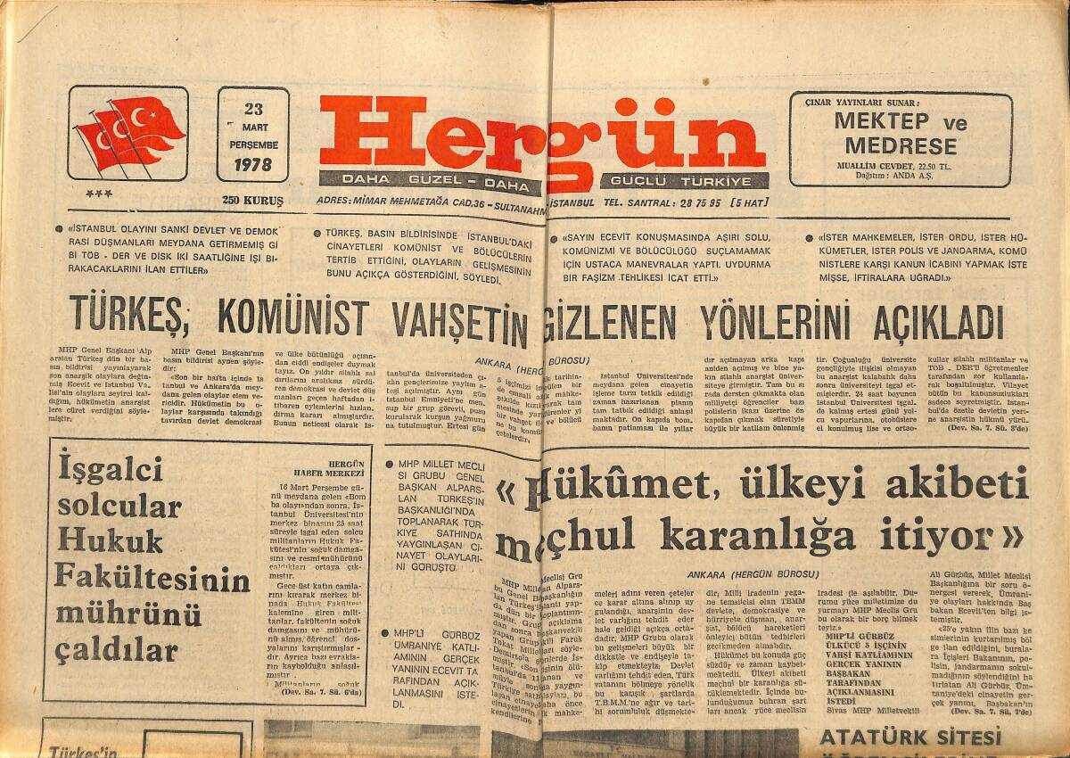 Hergün Gazetesi 23 Mart 1978 - Türkeş , Komünist Vahşetin Gizlenen Yönlerini Açıkladı GZ151874 - 1
