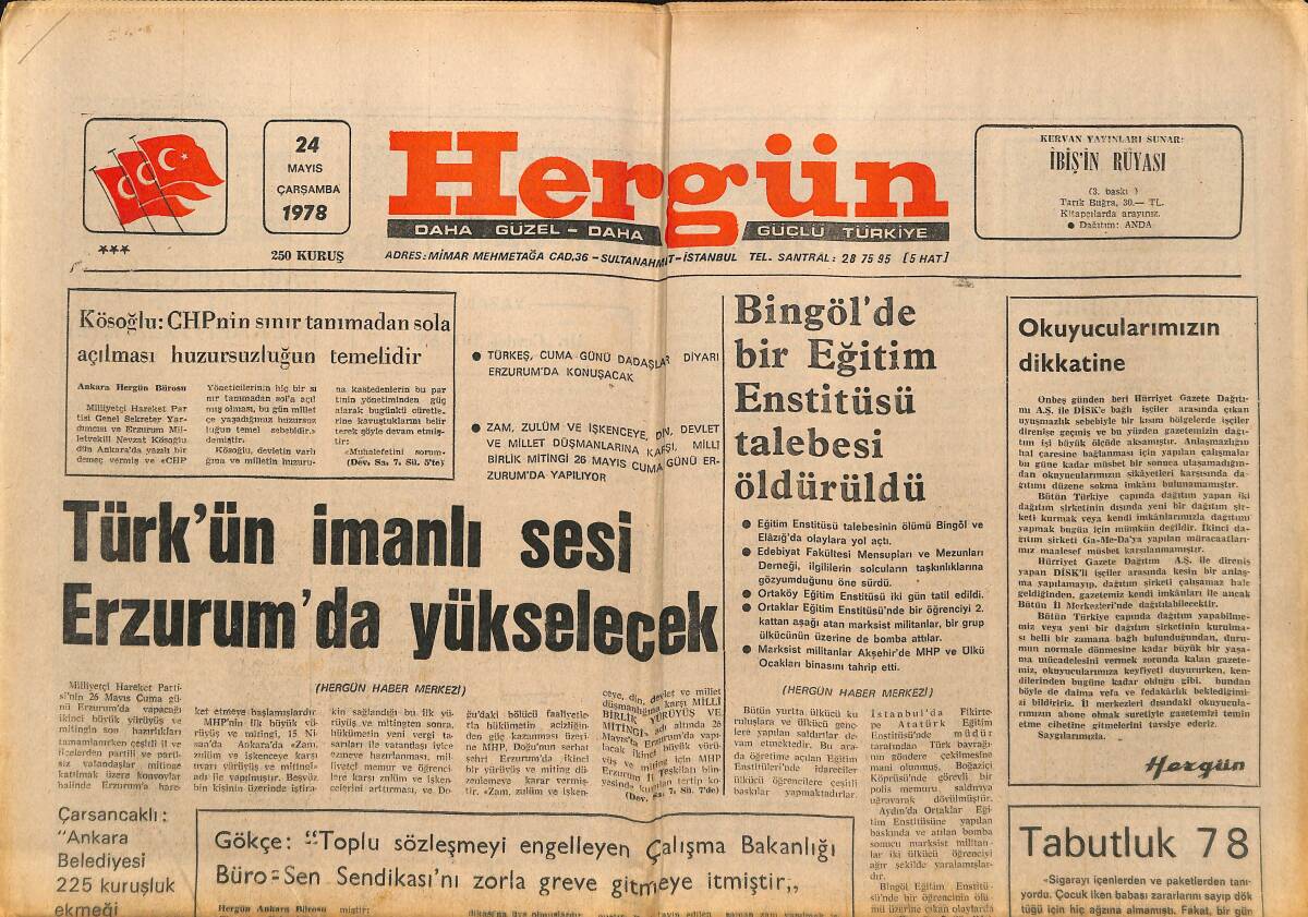 Hergün Gazetesi 24 Mayıs 1978 - Savcı Öztaşkent Mahkûm Oldu - Türk'ün İmanlı Sesi Erzurum'da Yükselecek GZ151868 - 1