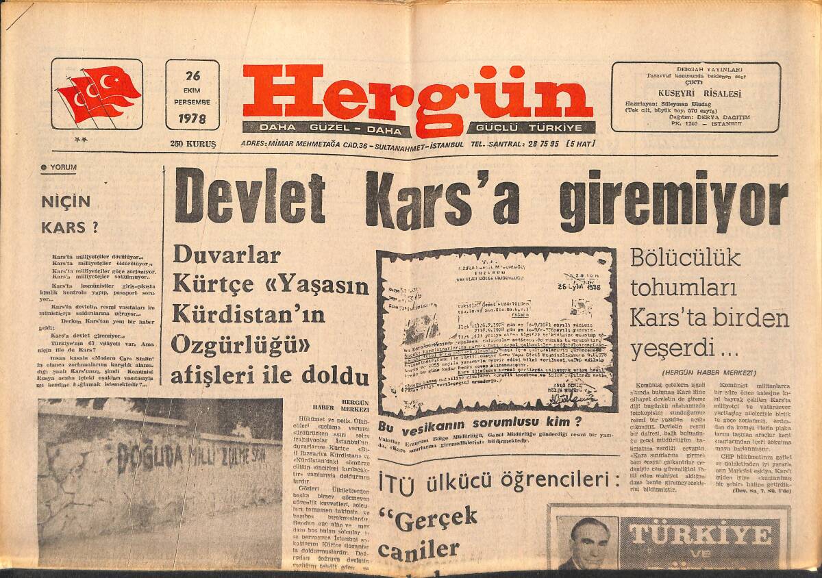 Hergün Gazetesi 26 Ekim 1978 - Devlet Kars'a Giremiyor - Bölücülük Tohumları Kars'ta Birden Yeşerdi GZ149474 - 1