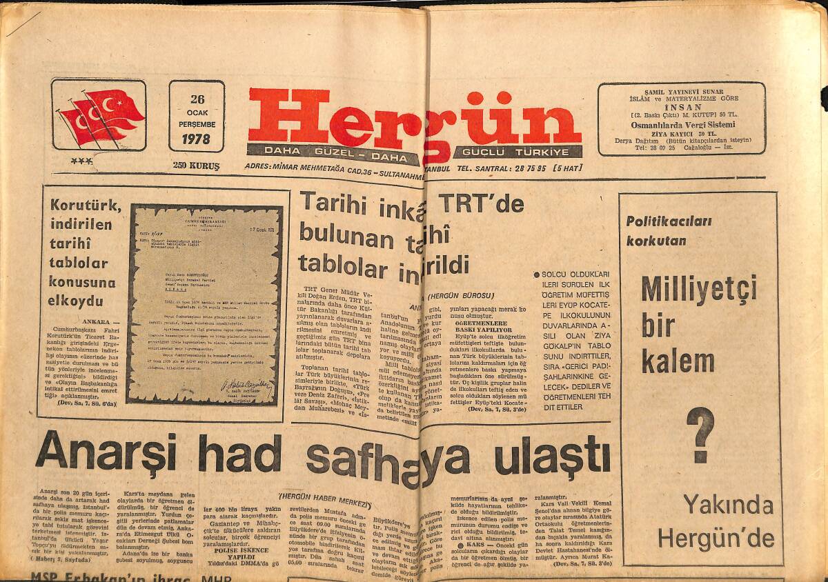 Hergün Gazetesi 26 Ocak 1978 - Korutürk , İndirilen Tarihi Tablolar Konusuna Elkoydu - Tarihi İnkâr : TRT'de Bulunan Tarihi Tablolar İndirildi GZ151865 - 1