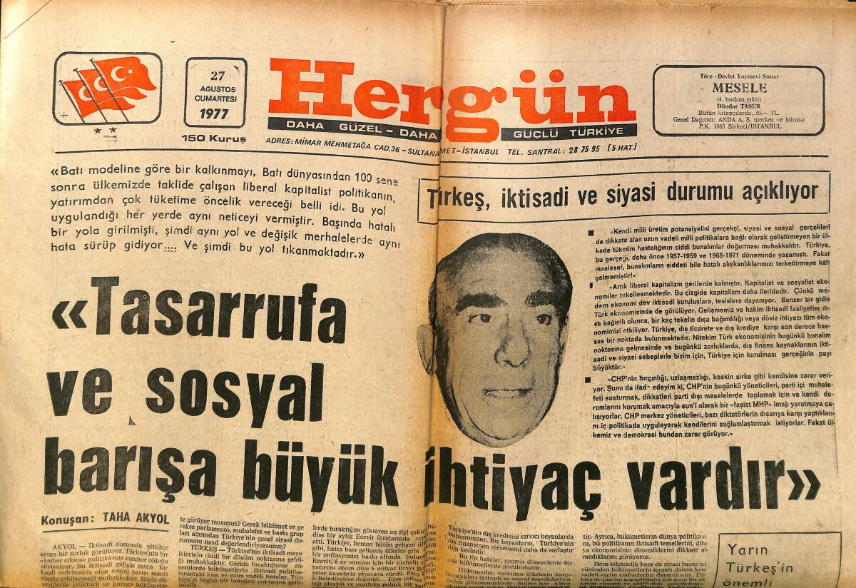Hergün Gazetesi 27 Ağustos 1977 - Türkeş, İktisadi Ve Siyasi Durumu Açıklıyor - Türkan Şoray G.Saraylı, H. Koçyiğit Beşiktaşlı, Filiz Akın Fenerli GZ151727 - 1