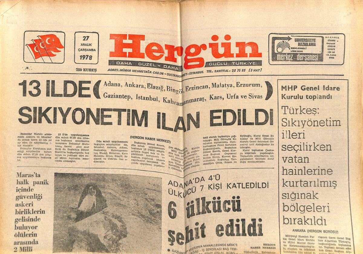 Hergün Gazetesi 27 Aralık 1978 - Sakaryalılar Unutamayacakları Bir Gün Yaşadılar - 13 İlde Sıkıyönetim İlan Edildi GZ151798 - 1