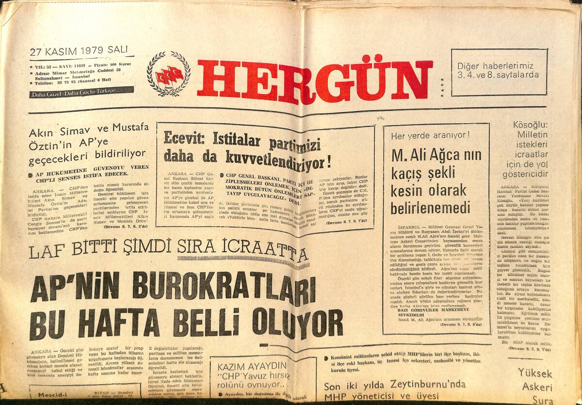 Hergün Gazetesi 27 Kasım 1979 - Humeyni Kutsal Savaşın Başladığını Söyledi - Sultanahmet Endüstri Meslek Lisesinde Can Güvenliği Kalmadı GZ151732 - 1