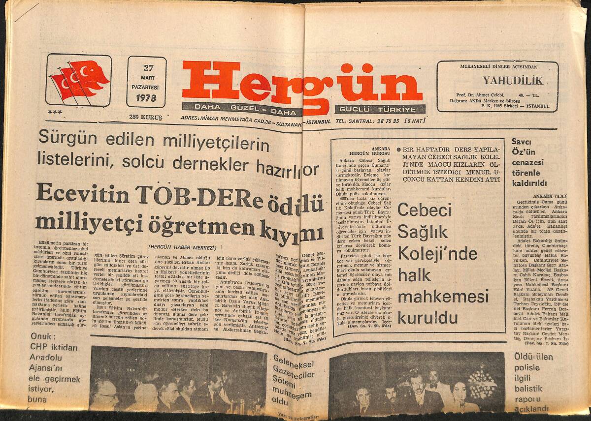 Hergün Gazetesi 27 Mart 1978 - Karadeniz Tütün Piyasası 75 Lira Baş Fiyatla Açılıyor - Ecevit'in TOB-DER'e Ödülü Milliyetçi Öğretmen Kıyımı GZ151877 - 1